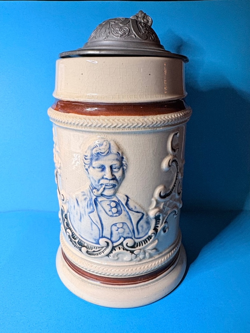 Vintage German Stoneware Beer Stein #265 Germany Pewter Lid Portrait Mug 7"